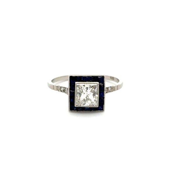 Closeup photo of Platinum 1.02ct Princess Cut Diamond, .64tcw Sapphire & .06tcw RBC Diamond Milgrain Ring 2.7g, s7.25