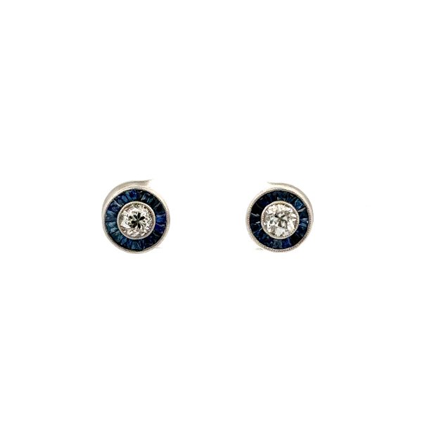 Closeup photo of Platinum .50tcw OEC Diamond & .73tcw Sapphire Round Halo Stud Earrings 3.6g
