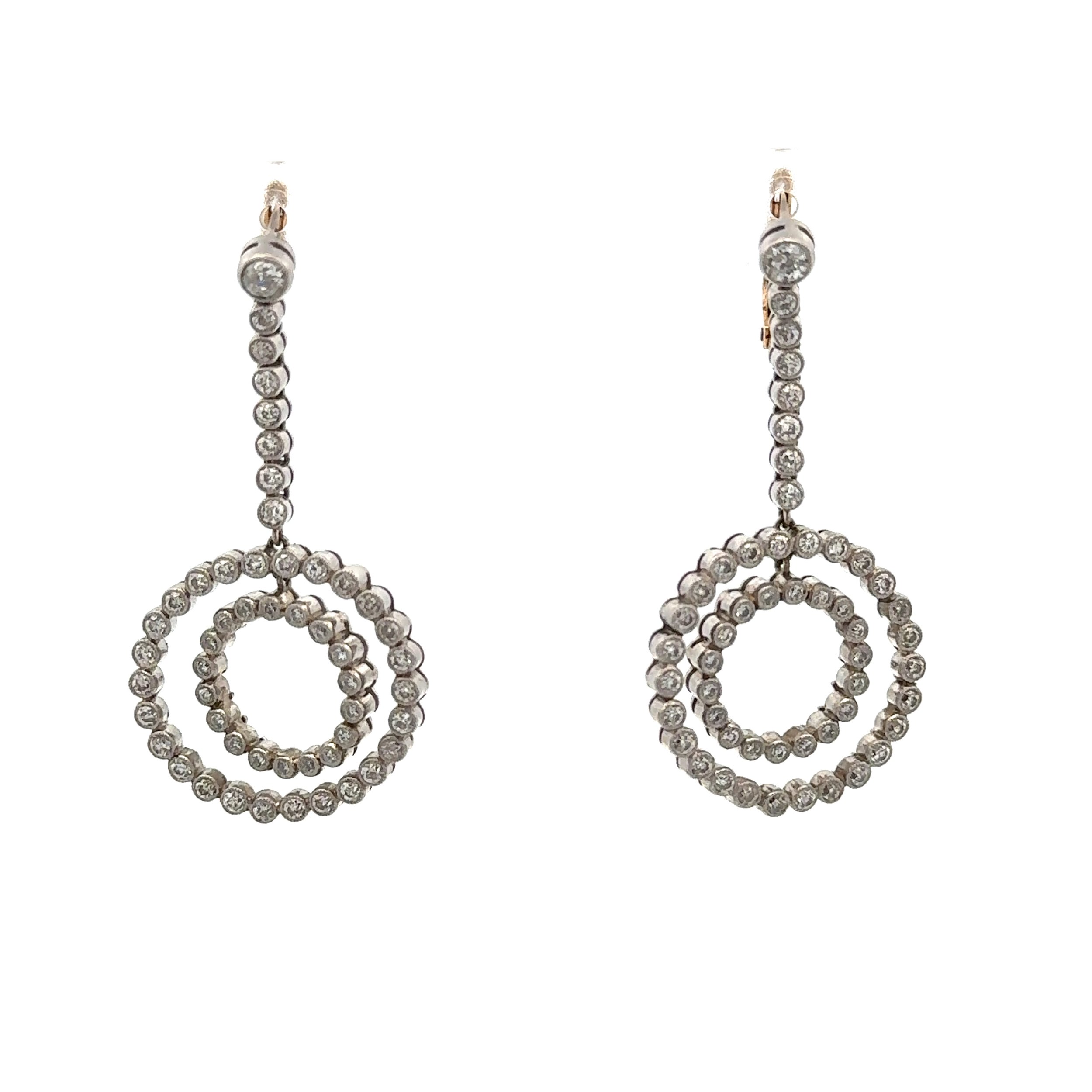 Platinum 2.88tcw OEC Diamond Bezel Set Double Open Circle Drop Earrings 12.7g, 1.75"
