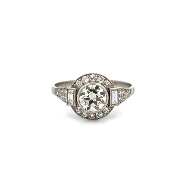Closeup photo of Platinum .85ct OEC Diamond & .76tcw Baguette & OEC Diamond Milgrain Ring 3.3g, s7.5