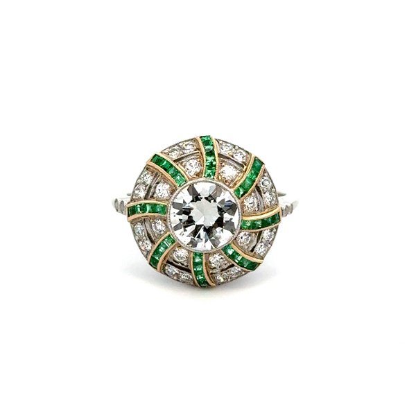Closeup photo of Platinum 1.28ct OEC Diamond, .86tcw Emerald & .64tcw OEC Diamond Swirl Ring 6.1g, s7.25