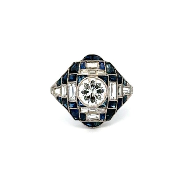 Closeup photo of Platinum 1.01ct Diamond, 1.56tcw Sapphire & 1.30tcw Baguette & RBC Diamond Ring 5.0g, s7