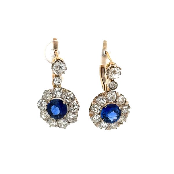 Closeup photo of Platinum on 18K Victorian 2.50tcw Round Sapphire & 3.60tcw OEC Diamond Drop Earrings 6.5g, 1”