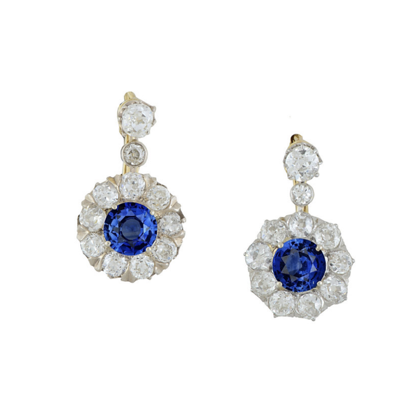 Closeup photo of Platinum on 18K Victorian 2.50tcw Round Sapphire GIA & 3.60tcw OEC Diamond Drop Earrings 6.5g, 1”