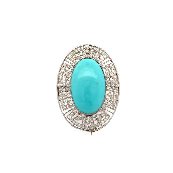 Closeup photo of Platinum Art Deco TIFFANY & CO 4ct Oval Turquoise & 1.00tcw OEC Diamond Filigree Brooch 8.9g