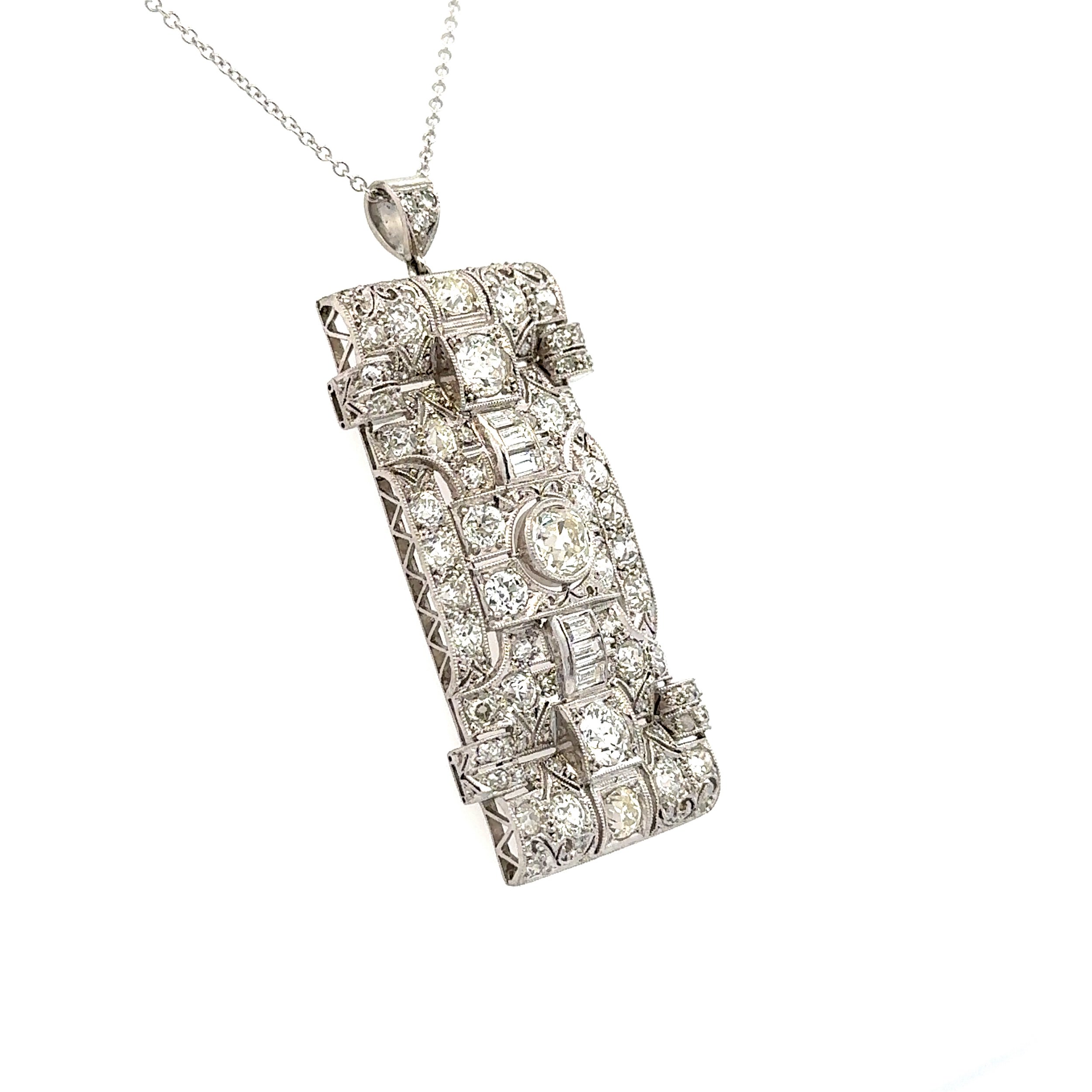 Platinum Art Deco 1ct OEC Diamond & 4.50tcw Old Cut Diamond Rectangular Filigree Pendant Necklace 16.7g, 2.1”