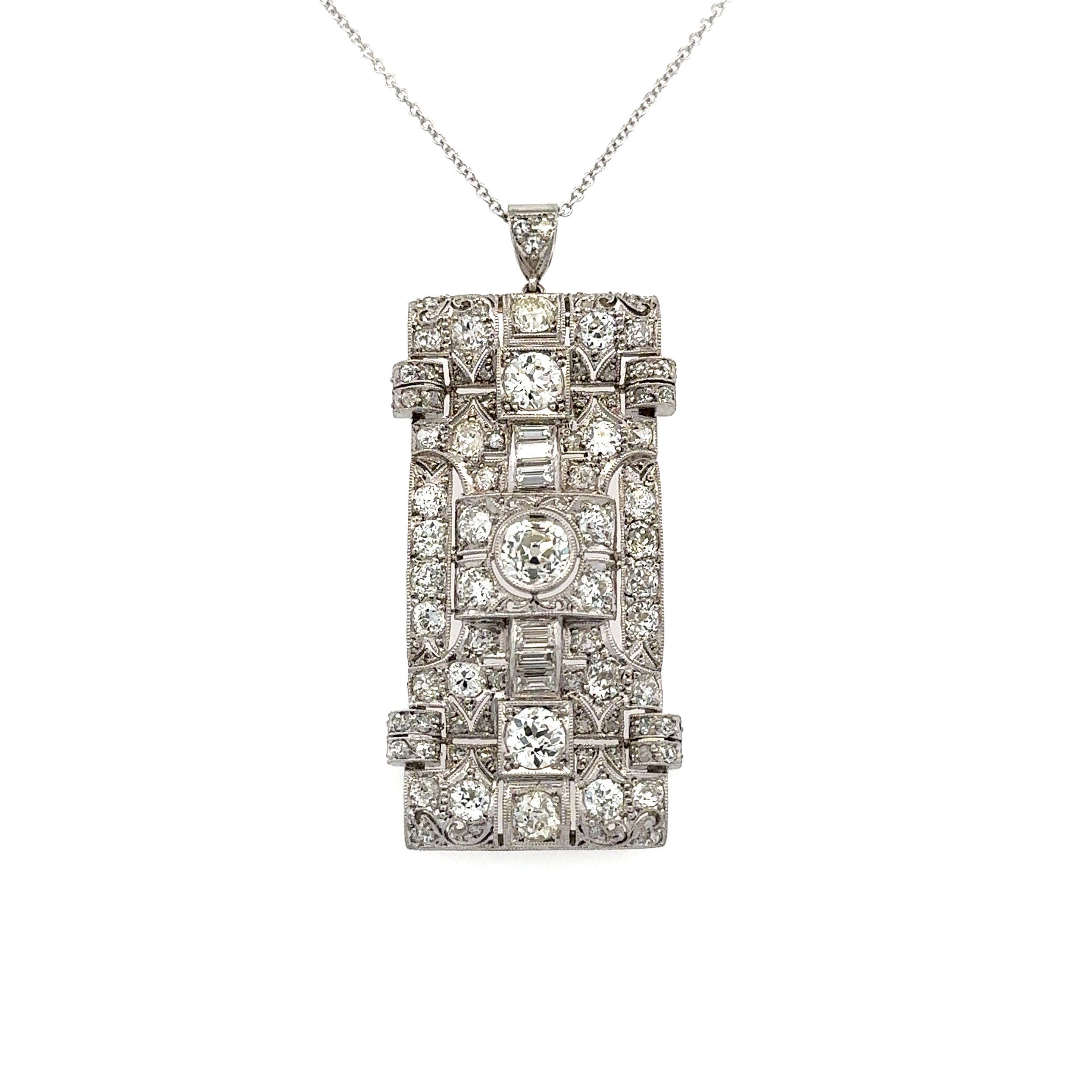 Platinum Art Deco 1ct OEC Diamond & 4.50tcw Old Cut Diamond Rectangular Filigree Pendant Necklace 16.7g, 2.1”