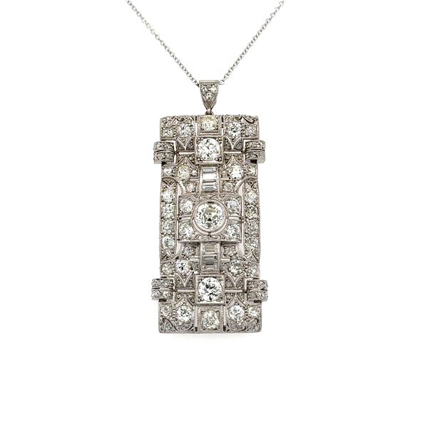 Closeup photo of Platinum Art Deco 1ct OEC Diamond & 4.50tcw Old Cut Diamond Rectangular Filigree Pendant Necklace 16.7g, 2.1”