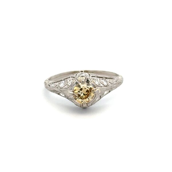 Closeup photo of Platinum Art Deco .60ct OEC Brownish Yellow Diamond & .40tcw SC Diamond Ring 3.3g, s8.25