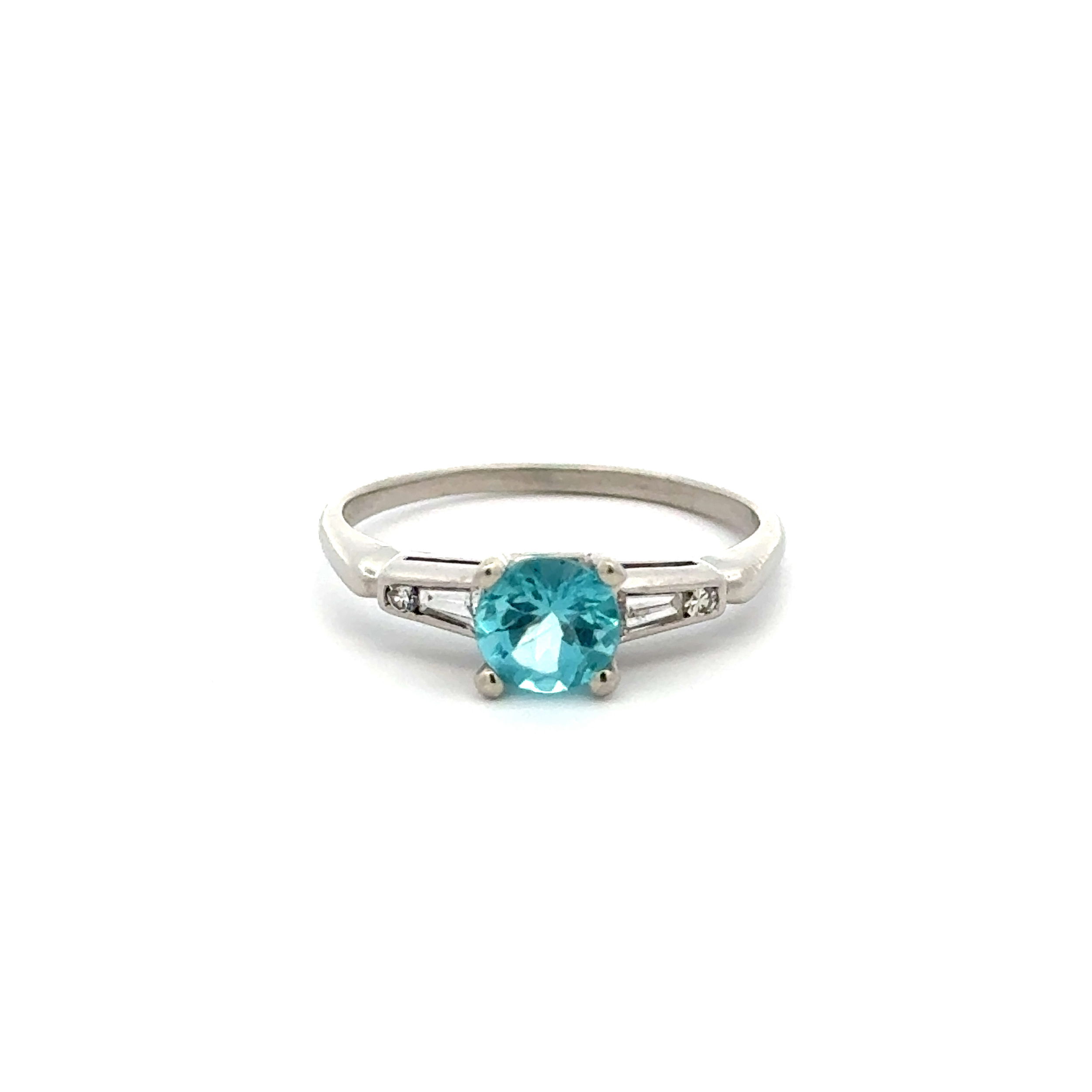 Platinum Art Deco .87ct Round Blue Zircon & .12ctw Baguette & SCDiamond Ring 4.1g, s8.25