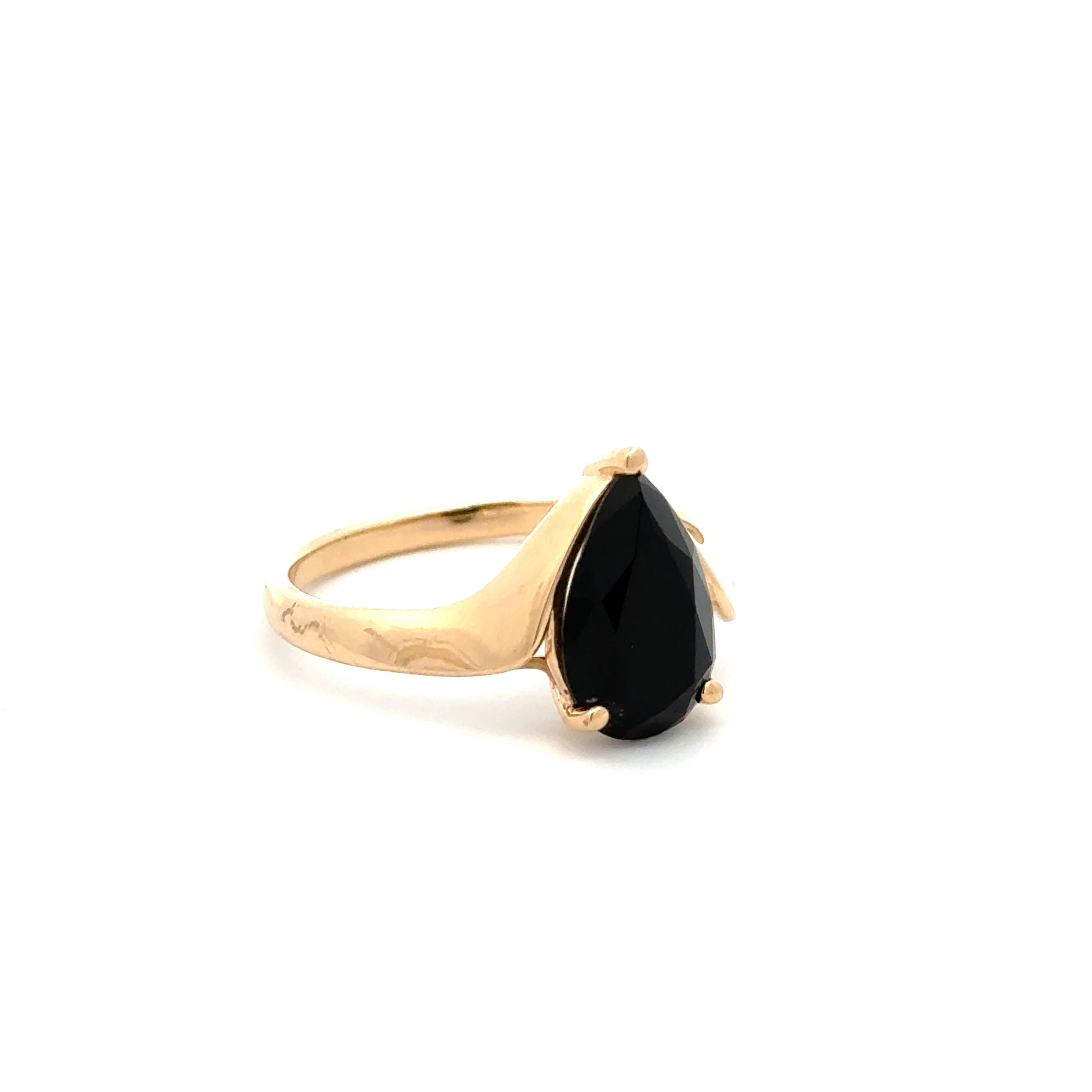 14K YG 2.5ct Pear Black Onyx Solitaire Tapered Shank Ring 3.4g, s10