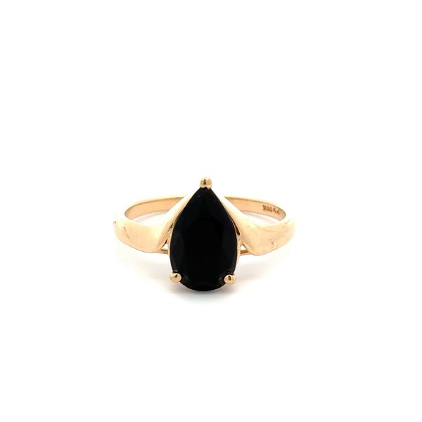 Closeup photo of 14K YG 2.5ct Pear Black Onyx Solitaire Tapered Shank Ring 3.4g, s10