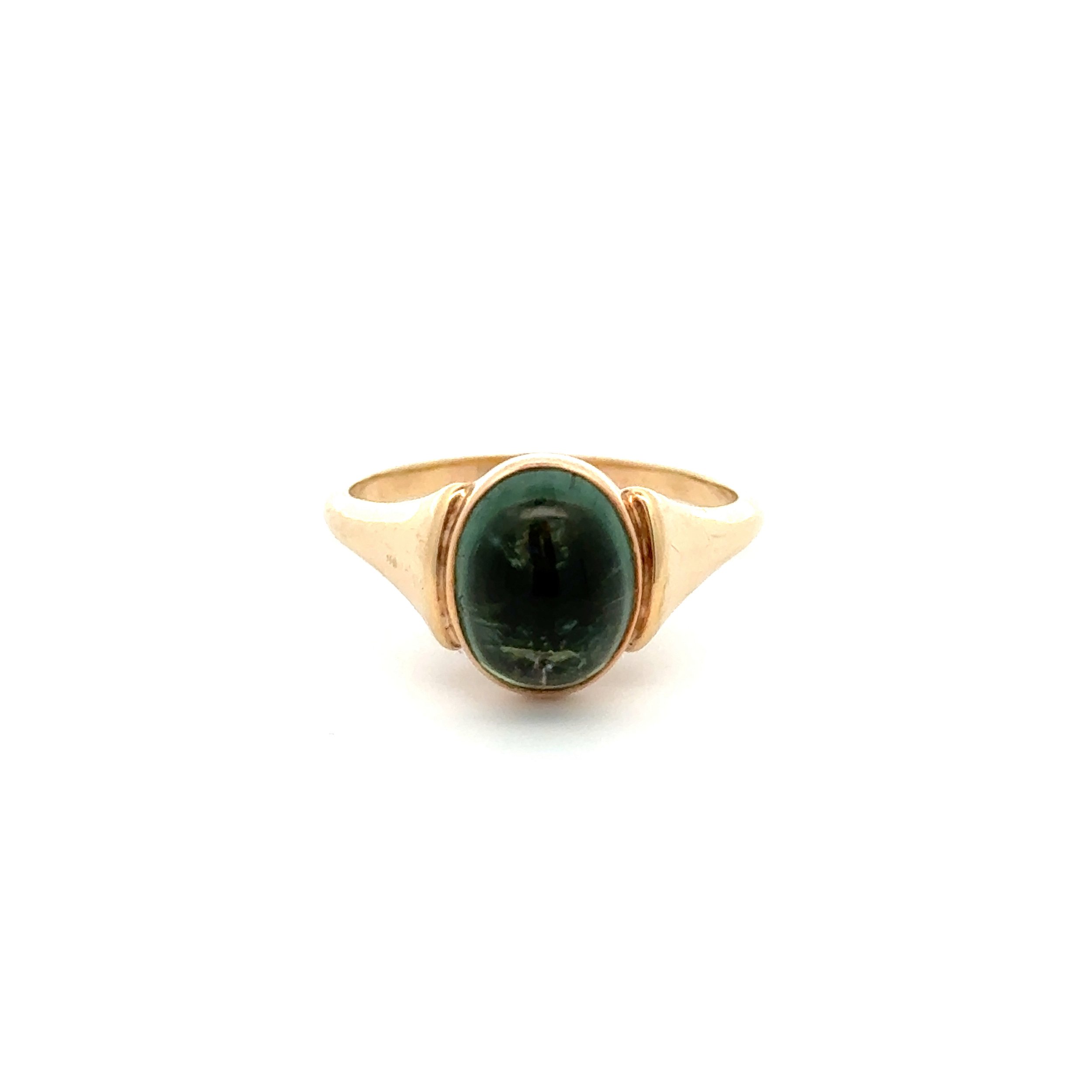 14K YG Cabochon Green Tourmaline Solitaire Tapered Shank Ring 6.2g, s9.5