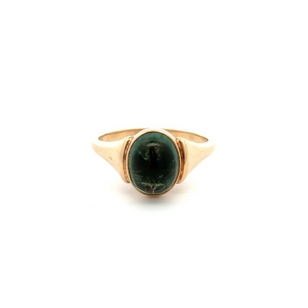 Closeup photo of 14K YG Cabochon Green Tourmaline Solitaire Tapered Shank Ring 6.2g, s9.5