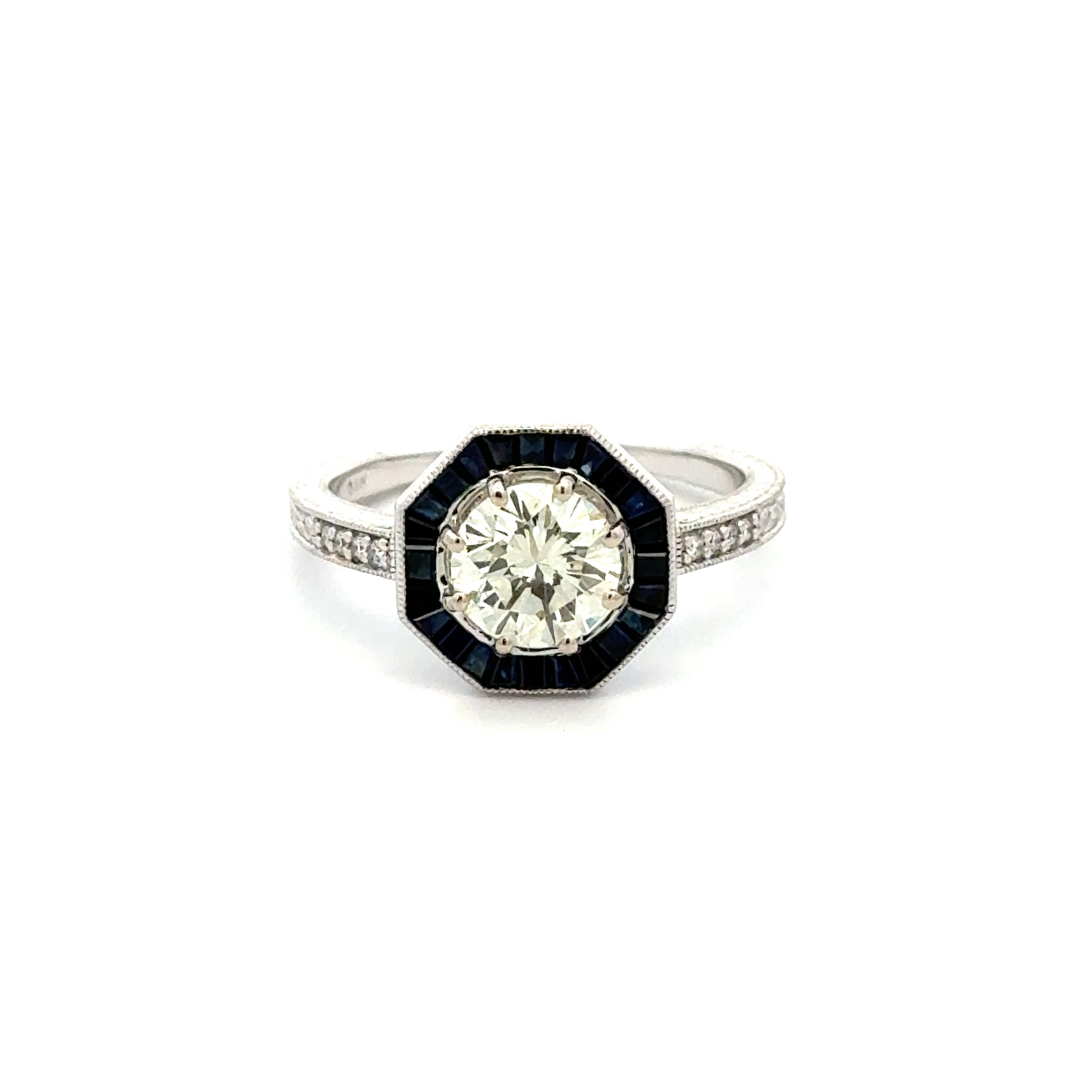 14K WG Art Deco Style 1.01ct RBC, .40tcw Sapphire & .04tcw Diamond Octagon Ring 3.2g, s6.5