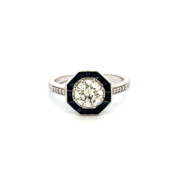 Closeup photo of 14K WG Art Deco Style 1.01ct RBC, .40tcw Sapphire & .04tcw Diamond Octagon Ring 3.2g, s6.5