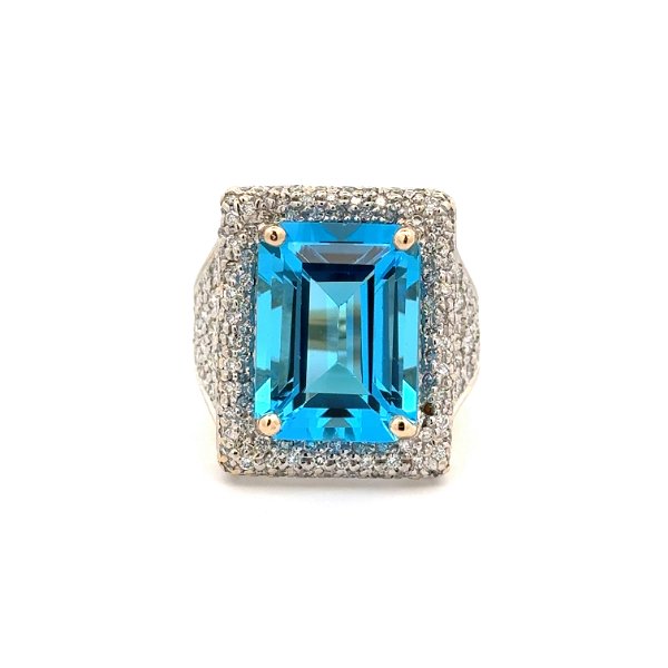 Closeup photo of 14K 2tone 13.55ct Emerald Cut Blue Topaz & 1.50tcw RBC Diamond Ring 15.4g, s7.5