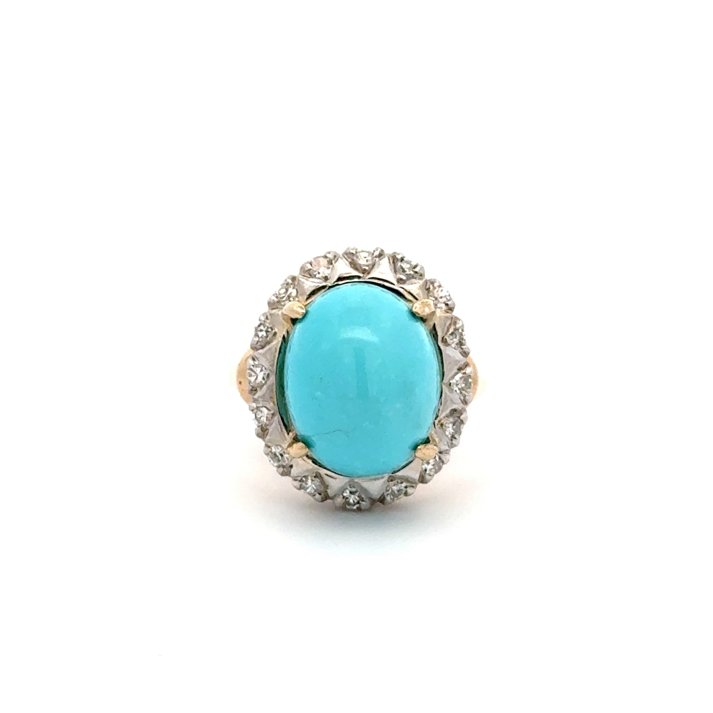 14K 2tone 7.58ct Cabochon Sleeping Beauty Turquoise & .16tcw SC Diamond Ring 6.5g, 6