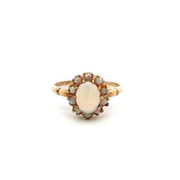 Closeup photo of 10K YG Victorian Revival 1.45tcw Oval Opal Halo Ring 2.0g, s7
