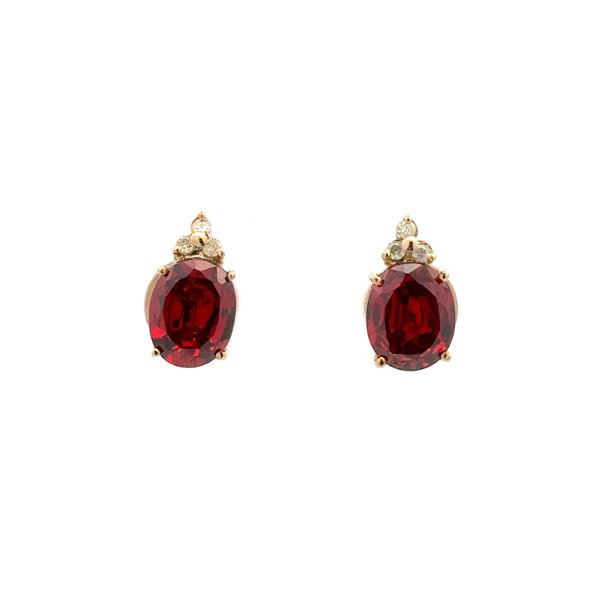Closeup photo of 14K YG 3.00tcw Oval Bright Red Garnet & .06tcw Diamond Stud Earrings 3.9g