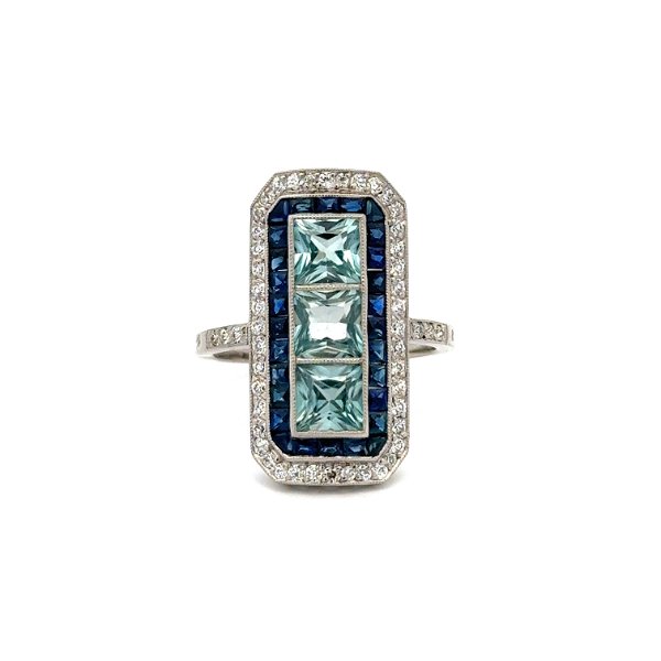 Closeup photo of Platinum 2.57tcw Square Blue Zircon, .65tcw Sapphire & .62tcw OEC Rectangular Diamond Ring 7.2g, s7.25