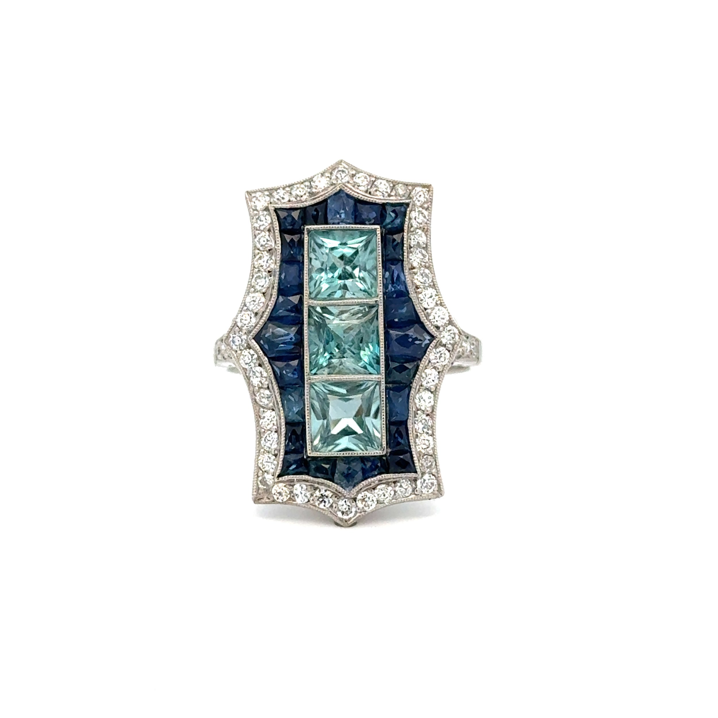 Platinum 2.56tcw Square Blue Zircon, 1.75tcw Sapphire & .74tcw OEC Rectangular Diamond Ring 8.5g, s7