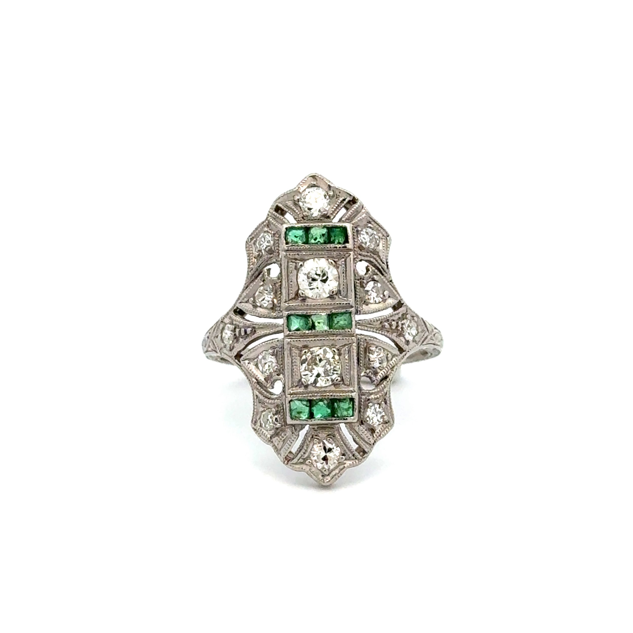 Platinum Art Deco .60tcw OEC & SC Diamond & .15tcw Emerald Navette Ring 4.1g, s4.75