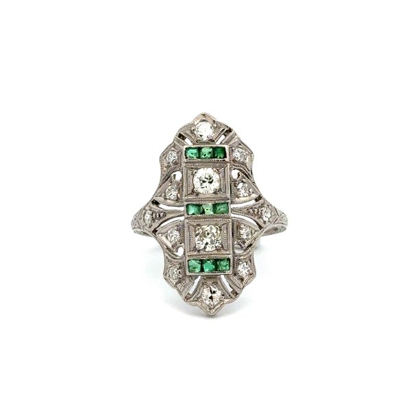 Closeup photo of Platinum Art Deco .60tcw OEC & SC Diamond & .15tcw Emerald Navette Ring 4.1g, s4.75