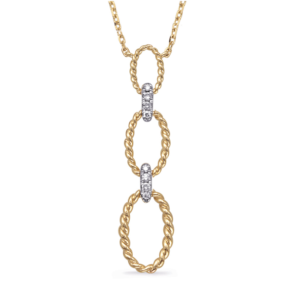Closeup photo of 14K YG Triple Open Circle Rope .06tcw RBC Diamond Drop Pendant Necklace 3.3g, 18"