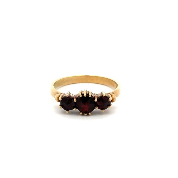 Closeup photo of 14K YG 3 Stone Rose Cut Garnet German Ring Victorian Style 3.2g, s7.75