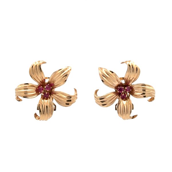Closeup photo of 14K YG Retro Flower Earring with .30tcw Round Ruby French Clip Earrings 12.2g, 1.2"
