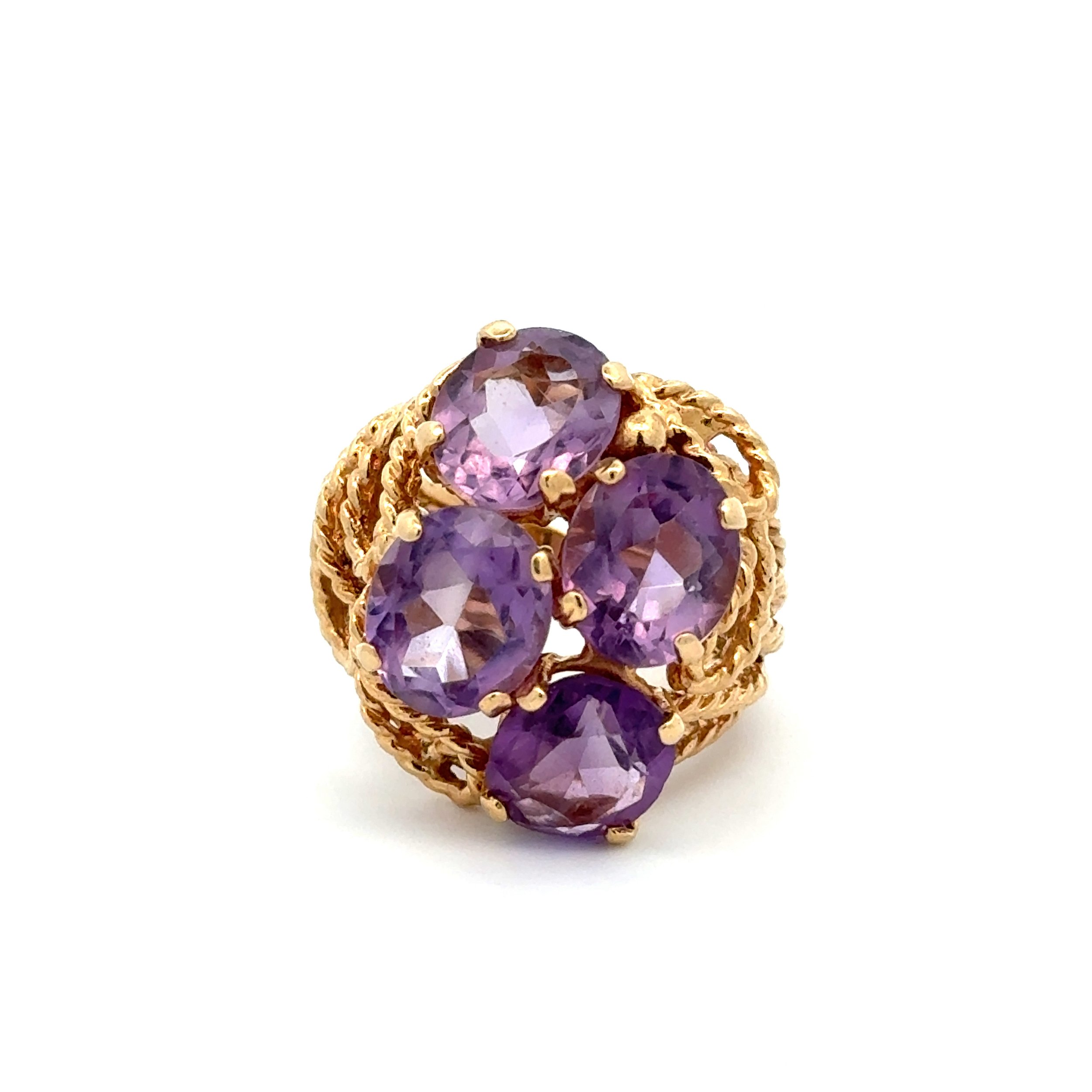 14K YG 1960's Rope Swirl 8.00tcw 4 Oval Amethyst Dome Ring 11.5g, s7