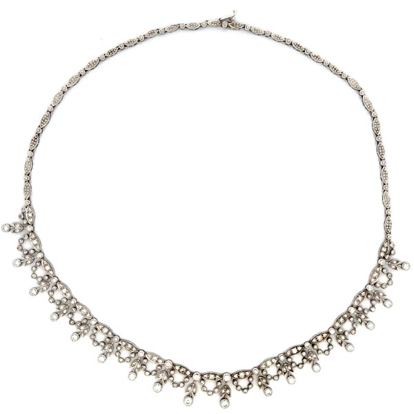 Closeup photo of 12K WG Antique Style 3.10tcw RBC Diamond Drop Garland Necklace 18.2g, 16"