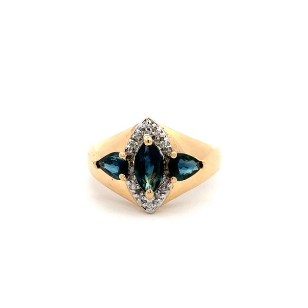 Closeup photo of 14K YG 3 Stone 1.20tcw Marquis & Pear Sapphire & .05tcw Diamond Ring 4.5g, s6.25