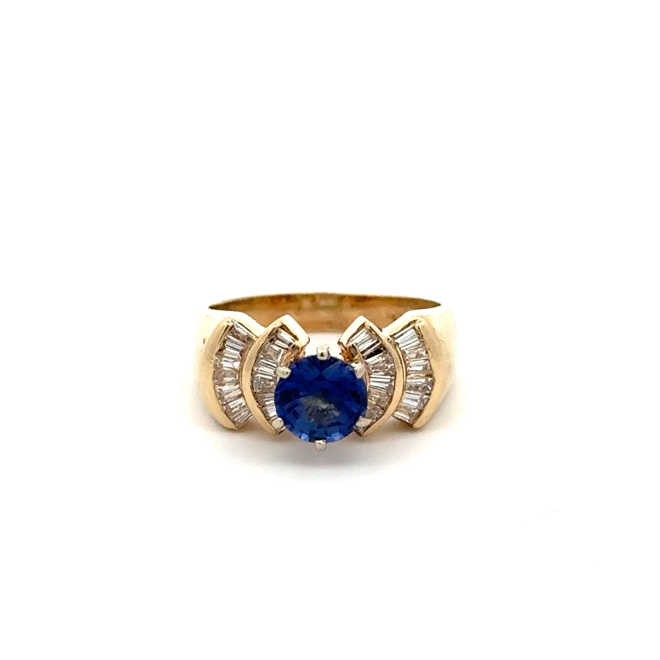 14K YG 1.00ct Round Sapphire & .70tcw Baguette Diamond Half Circle Sides Ring 5.5g, s5