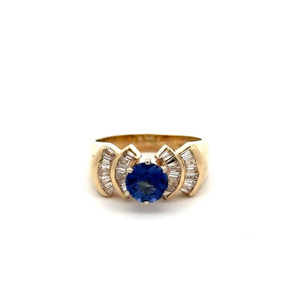 Closeup photo of 14K YG 1.00ct Round Sapphire & .70tcw Baguette Diamond Half Circle Sides Ring 5.5g, s5