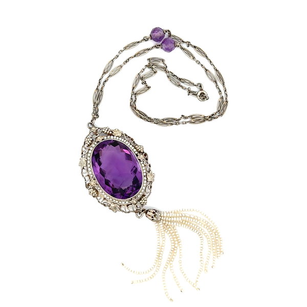 Closeup photo of 18K WG 1930's Arts & Crafts Oval 40tcw Amethyst & Seed Pearl Tassel Necklace 17.2g, 15.75"