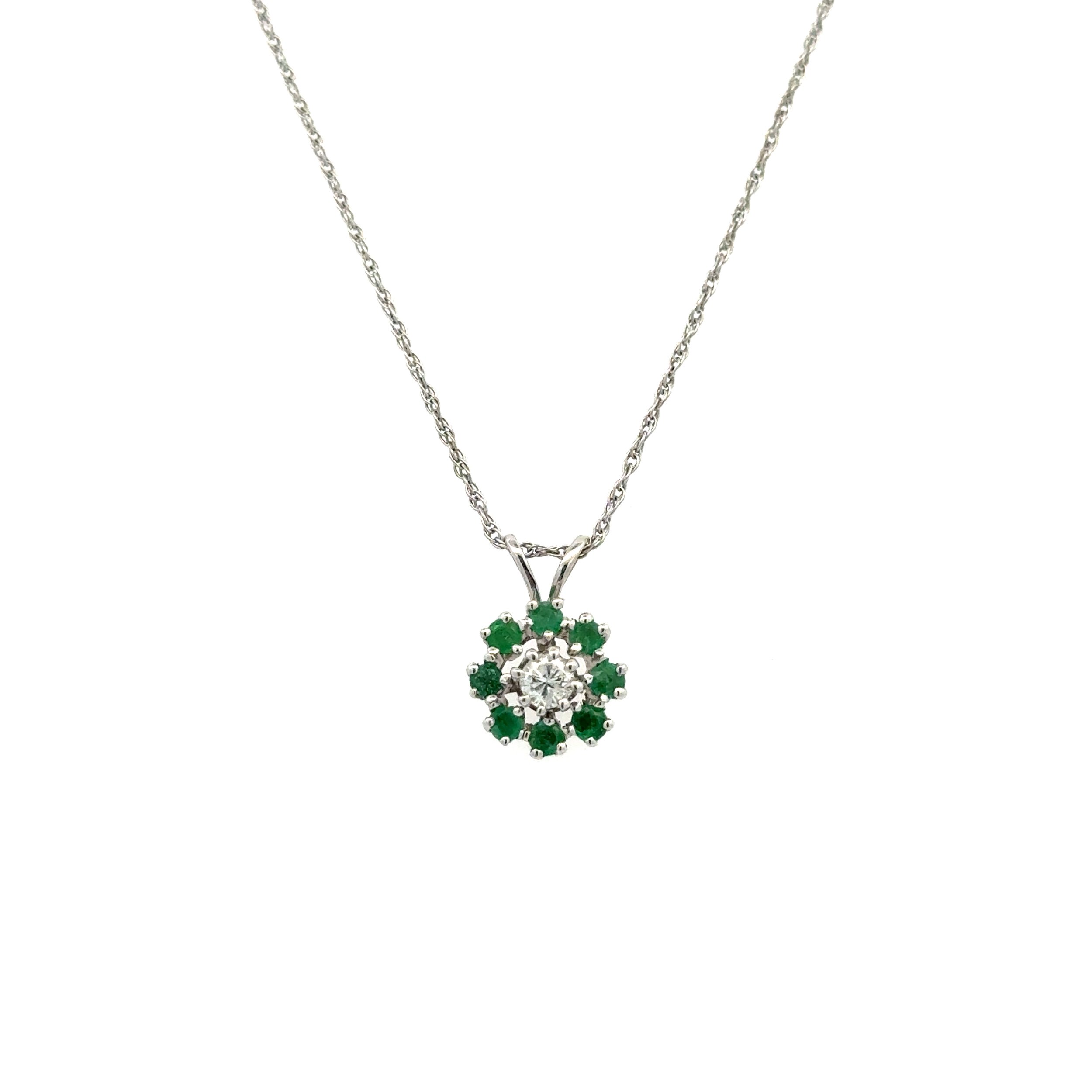 14K WG .10ct RBC Diamond .20ct Emerald Halo Pendant Necklace 2.5g, 16”