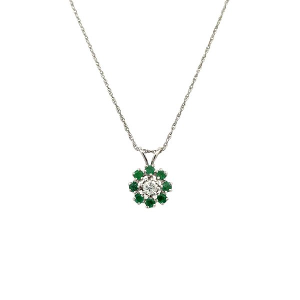 Closeup photo of 14K WG .10ct RBC Diamond .20ct Emerald Halo Pendant Necklace 2.5g, 16”
