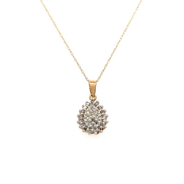 Closeup photo of 10K YG .25tcw Single Cut Diamond Cluster Pear Shape Pendant Necklace 2.0g, 16"