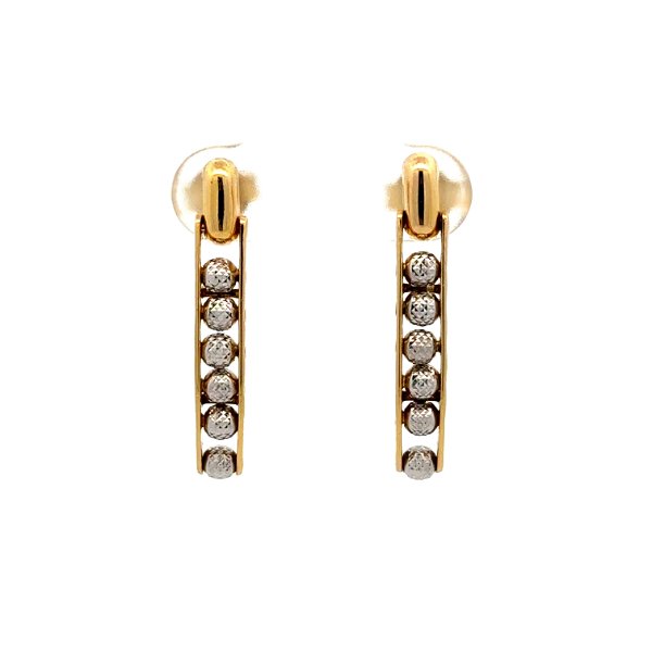 Closeup photo of 14K 2tone Bar Drop Earrings with Articulating Spheres 3.2g, 1.05"
