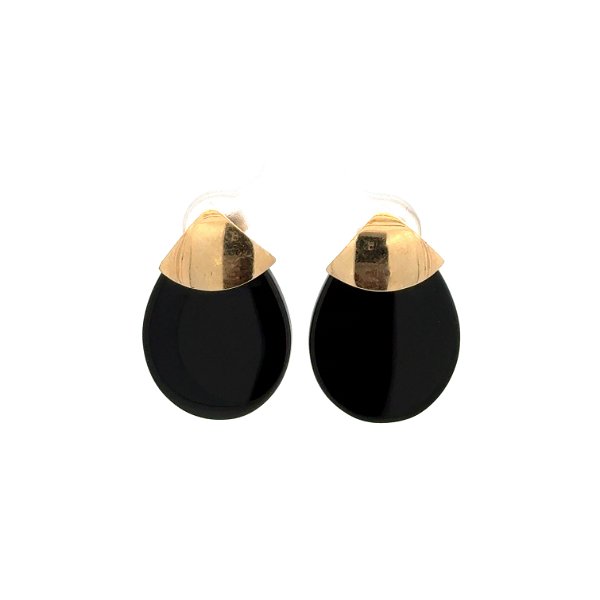 Closeup photo of 14K YG Gold Capped Pear Onyx Slice Post Earrings 3.3g, .92"