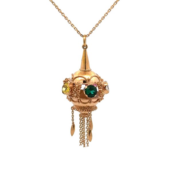 Closeup photo of 18K YG Multi Color Glass Amulet with Tassels & Granulation Pendant Necklace 13.5g, 28"