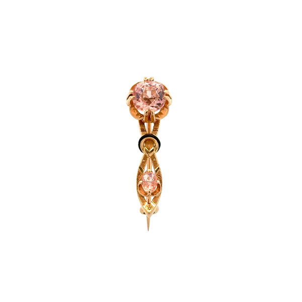Closeup photo of 18K YG Victorian 2.5tcw Old Mine Cushion Peach Kunzite & Enamel Brooch Pendant 4.3g