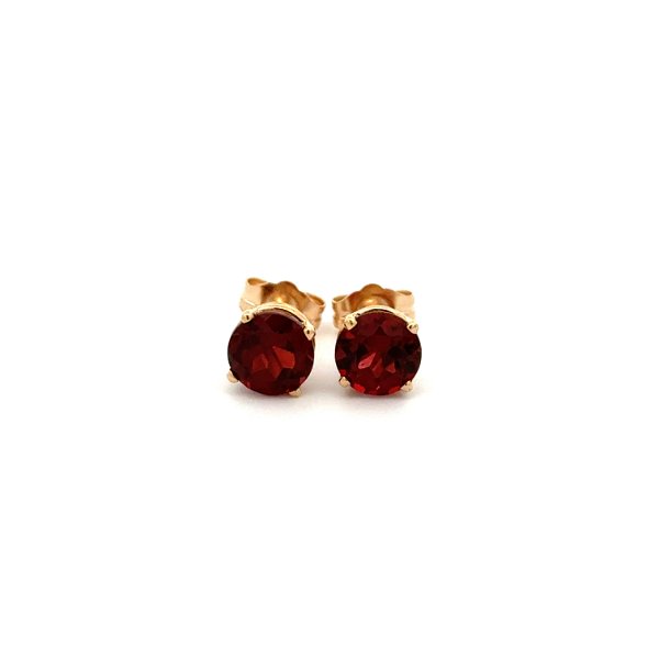 Closeup photo of 14K YG 1.85tcw Round Red Garnet 6.15mm in 4 Prong Solitaire Earrings 1.3g
