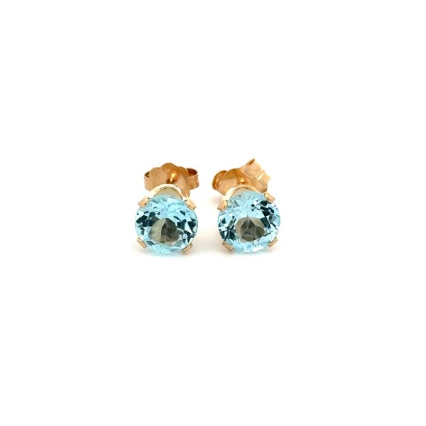 Closeup photo of 14K YG 2.00tcw Round Blue Topaz 6.20mm in 4 Prong Solitaire Earrings 1.0g