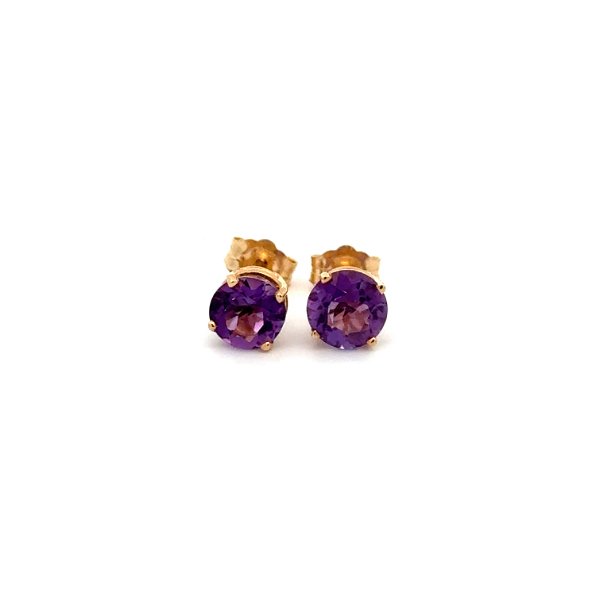 Closeup photo of 14K YG 1.70tcw Round Purple Amethyst 5.8-6.2mm in 4 Prong Solitaire Earrings 1.0g