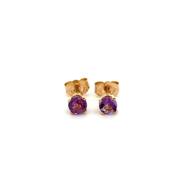 Closeup photo of 14K YG .62tcw Round Purple Amethyst 4.0-4.1mm in 4 Prong Solitaire Earrings 0.7g