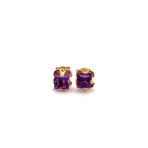 Closeup photo of 14K YG 1.00tcw Square Purple Amethyst 4.5mm in 4 Prong Solitaire Earrings 0.6g