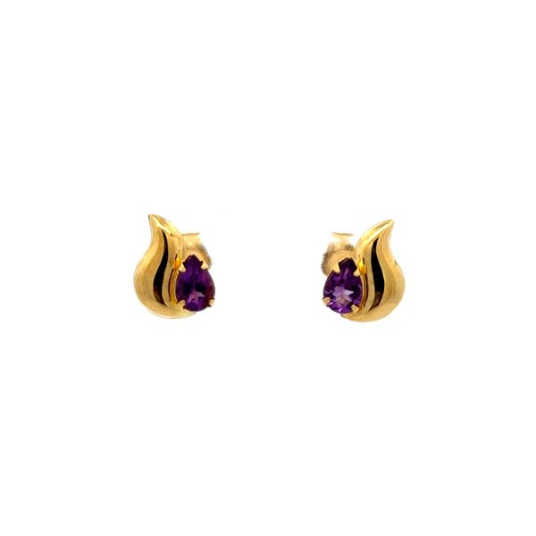 Closeup photo of 14K YG .65tcw Pear Purple Amethyst Flame Shape Solitaire Earrings 0.7g